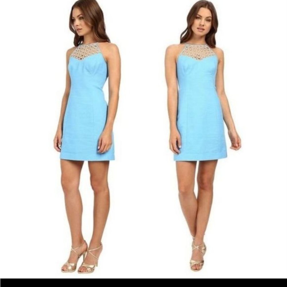 Lilly Pulitzer 24082 Larina Seaspray Blue Gold Circle Halter Shift Dress Size 6